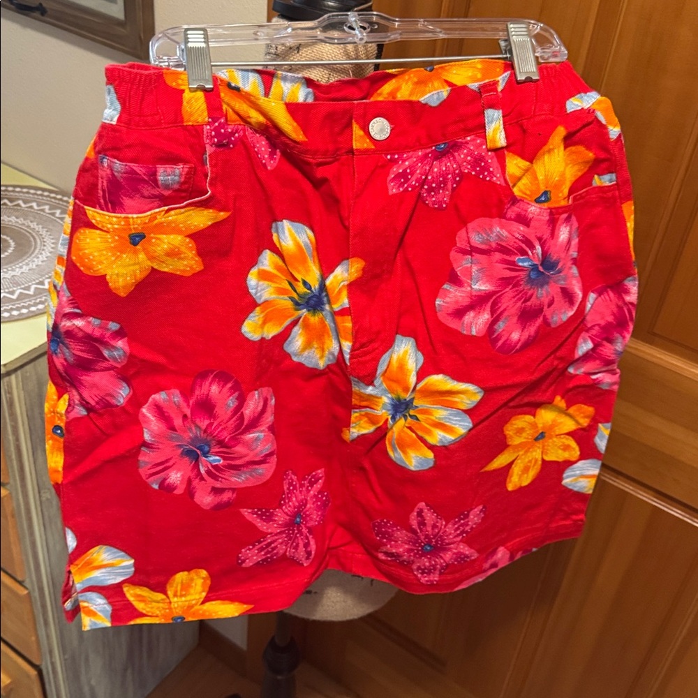 Vibrant Floral Red Jean Skirt